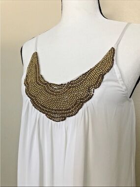 San Joy White Tank Top with Gold Beaded Bib
